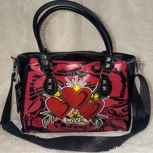 Ed Hardy XL Lunch Tote Bag Thermal Insulated Rhinestone Hearts Tattoo Print NWT